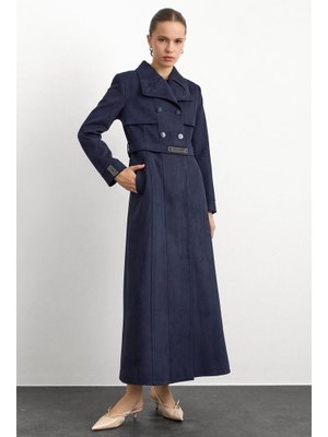 Lacivert Mendil Yaka Taş Detaylı Süet Görünümlü Pardesü