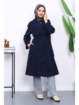Lacivert Kravuze Yaka Kuşaklı Cepli Trençkot