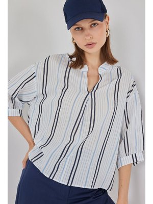 Açık Mavi Çizgili Oversize Bluz Açık Mavi Çizgili Oversize Bluz