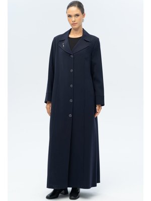 Lacivert A Ceket Yaka Broş Detaylı Astarlı Büyük Beden Pardesü
