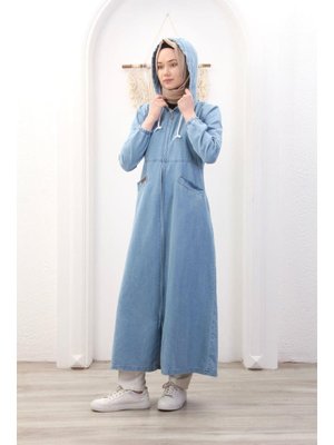 Cepli Fermuarlı Kapüşonlu Denim Kot Kap Cepli Fermuarlı Kapüşonlu Denim Kot Kap