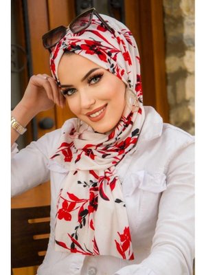 Kırmızı Beyaz Çiçek Desen Kelebek Bone Şal