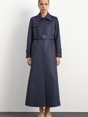 Lacivert Gömlek Yaka Çıt Ve Deri Detaylı Gabardin Süet Pardesü