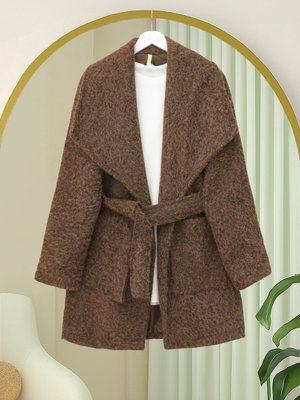 Kahve Geniş Yakalı Beli Kemerli Cepli Kaşe Kaban