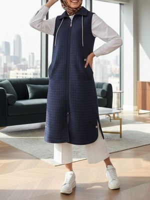 Laci Fermuarlı Kapüşonlu Cepli Uzun Kapitone Yelek