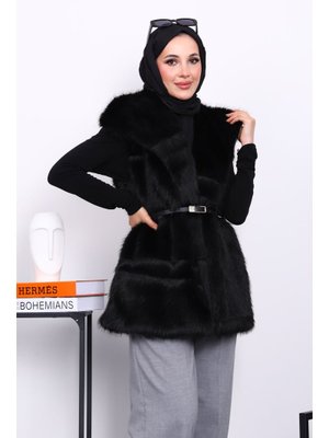 Siyah Astarlı Kemerli Kürk Yelek