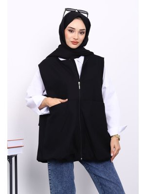Siyah Fermuarlı Oversize Astarlı Yelek Siyah Fermuarlı Oversize Astarlı Yelek