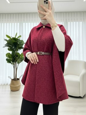 Bordo Tek Düğmeli Beli Kemerli Sakallı Panço
