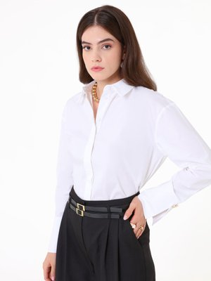 Beyaz Geniş Manşetli Gizli Patlı Gömlek Beyaz Geniş Manşetli Gizli Patlı Gömlek