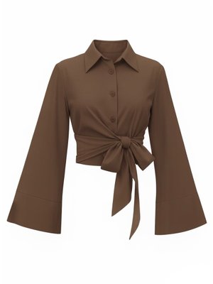 Kahve Yan Bağlamalı İspanyol Kol Düğmeli Gömlek