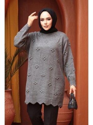 Çiçek Detaylı Füme Triko Kazak Tunik 8764fu