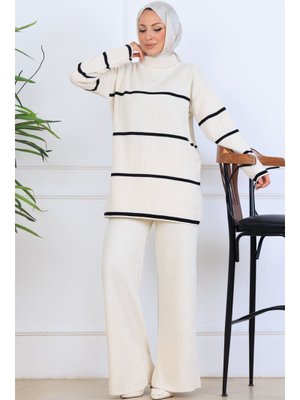 Taş Rengi Fitilli Çizgili Triko Takım