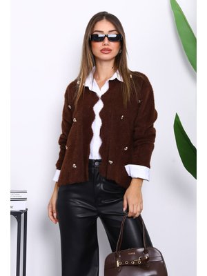 Kahverengi Düğme Detaylı Angora Yumoş Triko Hırka