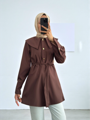 Kahve Geniş Yakalı Beli Bağlamalı Bonding Kap