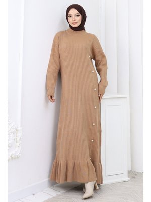 Vizon Yan Düğmeli Fırfırlı Elbise Vizon Yan Düğmeli Fırfırlı Elbise