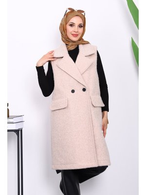 Bej Kruvaze Yaka Astarlı Kaşe Yelek