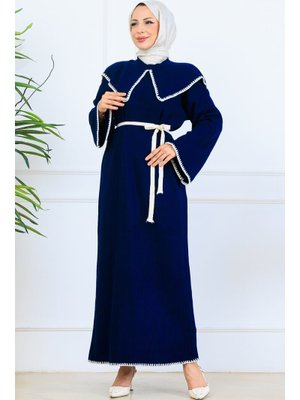 Lacivert Yaka Detaylı Triko Elbise