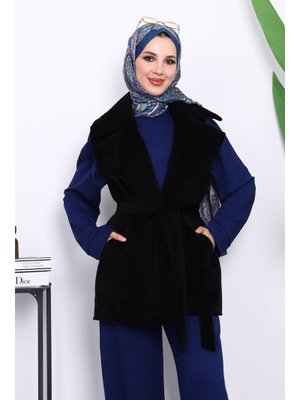 Siyah Kruvaze Yaka Kuşaklı Kaşe Yelek