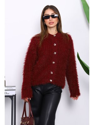 Bordo Düğmeli Simli Angora Yumoş Triko Hırka