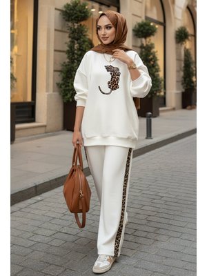 Beyaz Leopar Nakışlı Şardonlu İkili Takım
