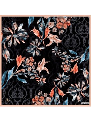 Somon Çiçekli Desen Black Seri Rayon Eşarp Askısı İle Birlikte 90x90 Cm Siyah