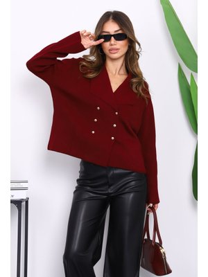 Bordo Kruvaze Yaka Düğmeli Triko Hırka