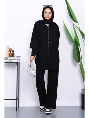Siyah Kapüşonlu Modal Tunik Pantolonlu Takım