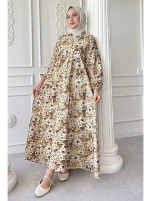 Nergis Çiçeği Kahverengi Mango Elbise