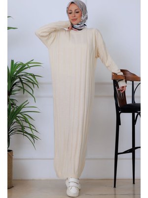 Krem Kendinden Çizgili Triko Elbise