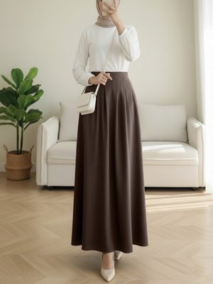 K. Kahve Fermuarlı Cepli Pliseli Krep Etek