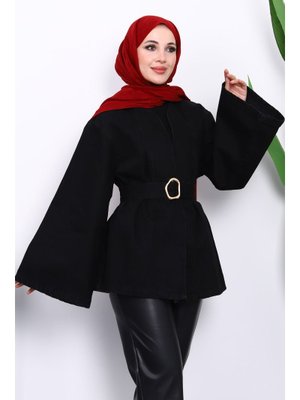 Siyah Geniş Kol Kemerli Kot Ceket