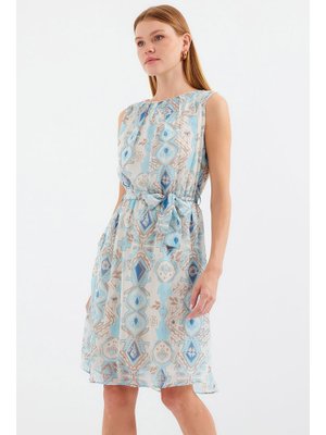 Mavi Desenli Sıfır Kol Şifon Elbise