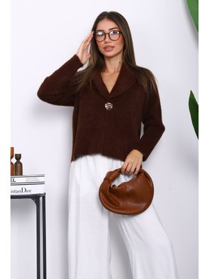 Kahverengi Tek Düğmeli Angora Yumoş Hırka