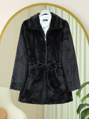 Siyah Tünel Bağcıklı Cepli Astarlı Kürklü Ceket