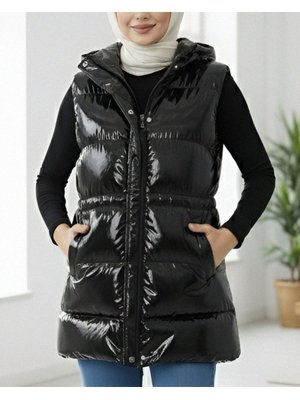 Siyah İçi Astarlı Önü Fermuarlı Cepli Rugan Yelek