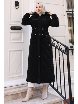 Siyah Fermuarlı Kapüşonlu Kapitone Mont