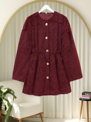 Bordo İçi Astarlı Beli Büzgülü Kürklü Ceket