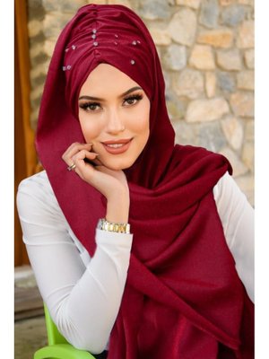 Bordo Işıltılı Taşlı Abiye Şal