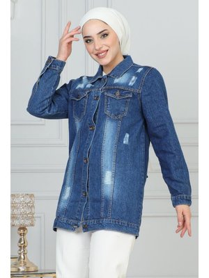 Koyu Mavi Düğmeli Kot Ceket