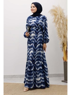 Lacivert Eteği Volanlı Sulu Boya Desenli Viskon Elbise