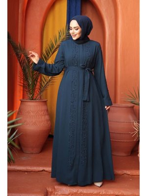 Boncuk İşlemeli İndigo Mavisi Abaya 29118ım