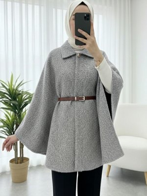 Açık Gri Tek Düğmeli Beli Kemerli Sakallı Panço