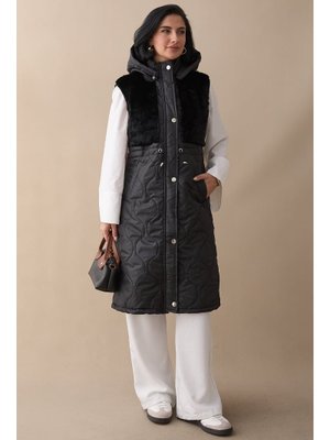 Önü Peluş Detay Siyah Şişme Yelek