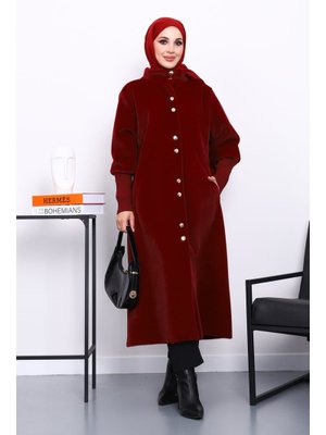 Bordo Düğmeli Angora Kaşe Kaban