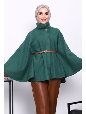 Zümrüt Yeşili Hakim Yaka Bel Kemerli Panço