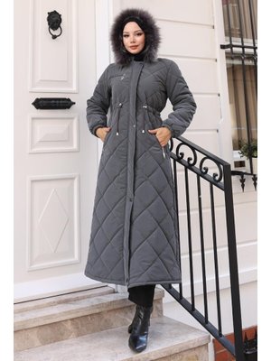 Gri Fermuarlı Kapüşonlu Kapitone Mont