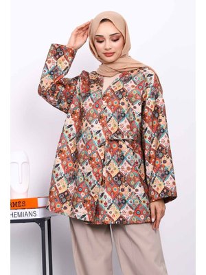 Bej Etnik Desenli Yan Bağlamalı Kimono Ceket