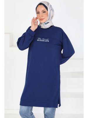 Lacivert Önü Baskılı Yırtmaçlı Modal Tunik