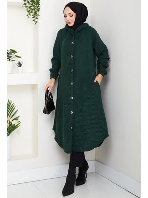 Zümrüt Yeşili Çizgi Detay Kapüşonlu Kaşe Kap