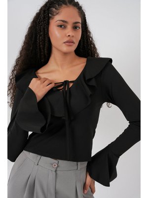 Siyah Uzun Kol Crop Bluz Siyah Uzun Kol Crop Bluz